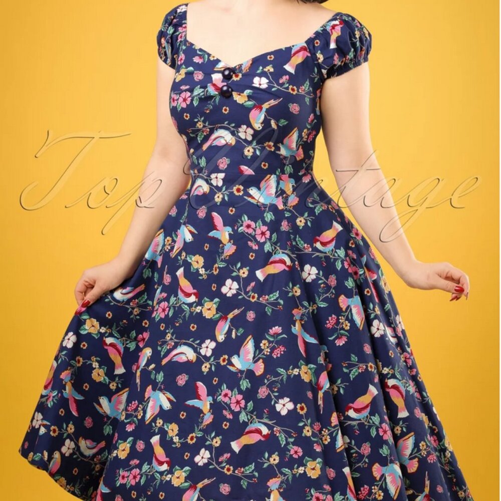 Collectif Navy Floral & Bird Print Midi Dress